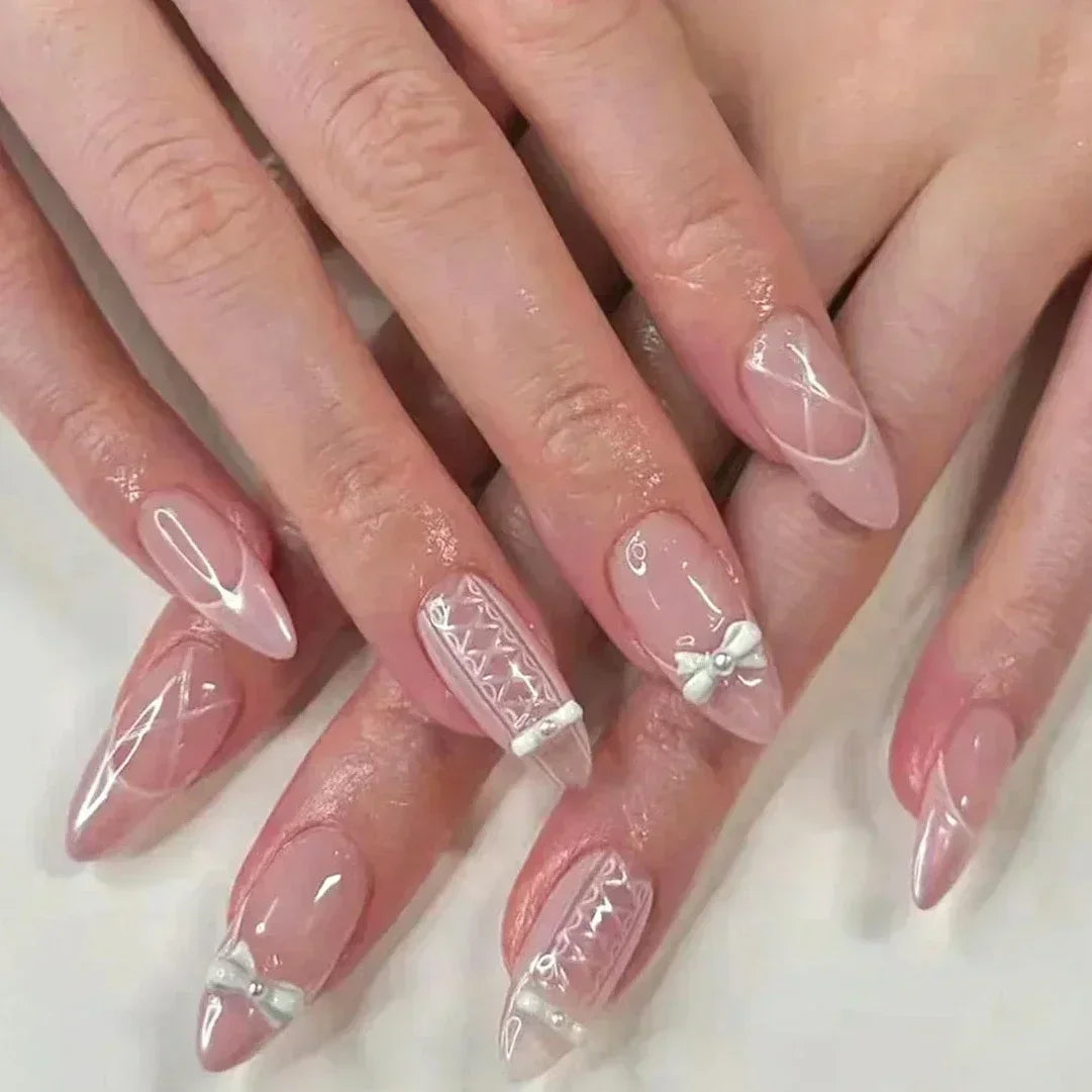 Cat Eye Bowknot Round Fake Nails Art Long Pointed False Nails Rhinestone Pearl Rose Flower Simple Almond Press on Nails Manicure