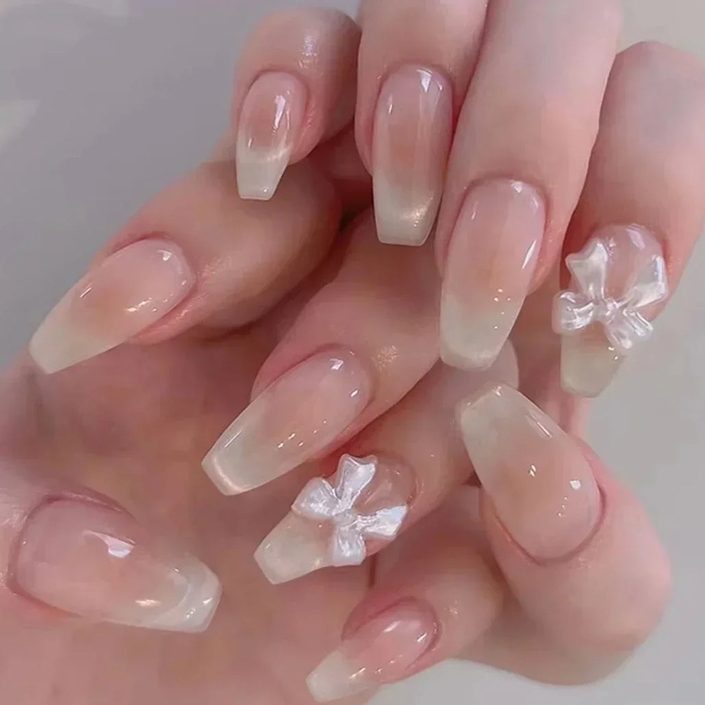 Cat Eye Bowknot Round Fake Nails Art Long Pointed False Nails Rhinestone Pearl Rose Flower Simple Almond Press on Nails Manicure