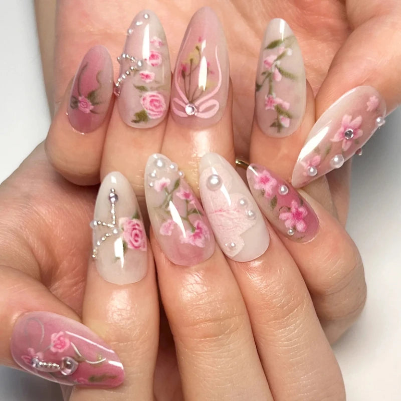 Colorful 3D Flowers Mini Rhinestones Almond False Nails Art Spring Pearl Bowknot Fake Nails Charms Press on Nails Manicure Tools