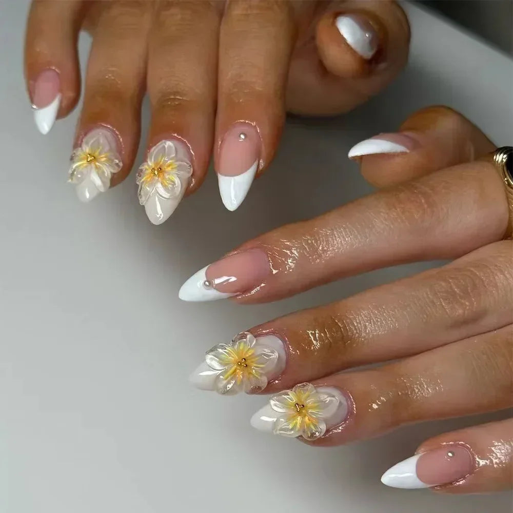 Colorful 3D Flowers Mini Rhinestones Almond False Nails Art Spring Pearl Bowknot Fake Nails Charms Press on Nails Manicure Tools