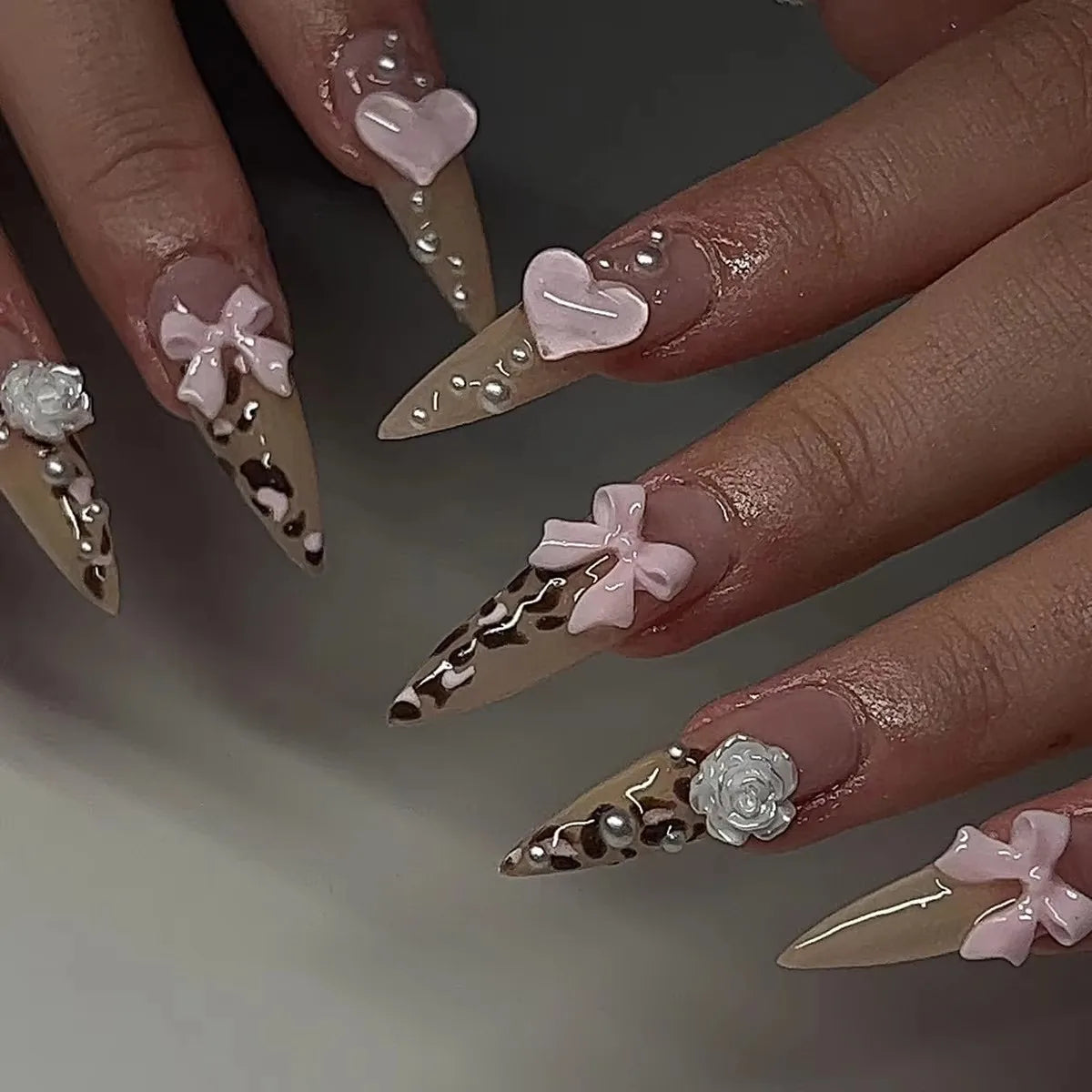 Colorful 3D Flowers Mini Rhinestones Almond False Nails Art Spring Pearl Bowknot Fake Nails Charms Press on Nails Manicure Tools