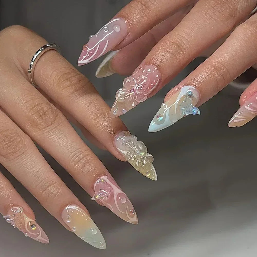 Colorful 3D Flowers Mini Rhinestones Almond False Nails Art Spring Pearl Bowknot Fake Nails Charms Press on Nails Manicure Tools