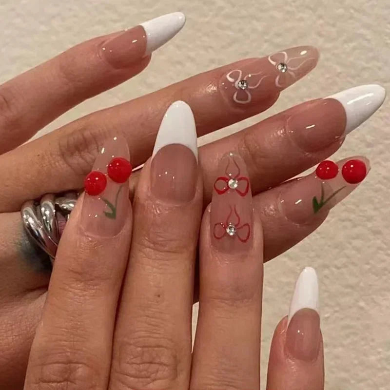 Cat Eye Bowknot Round Fake Nails Art Long Pointed False Nails Rhinestone Pearl Rose Flower Simple Almond Press on Nails Manicure