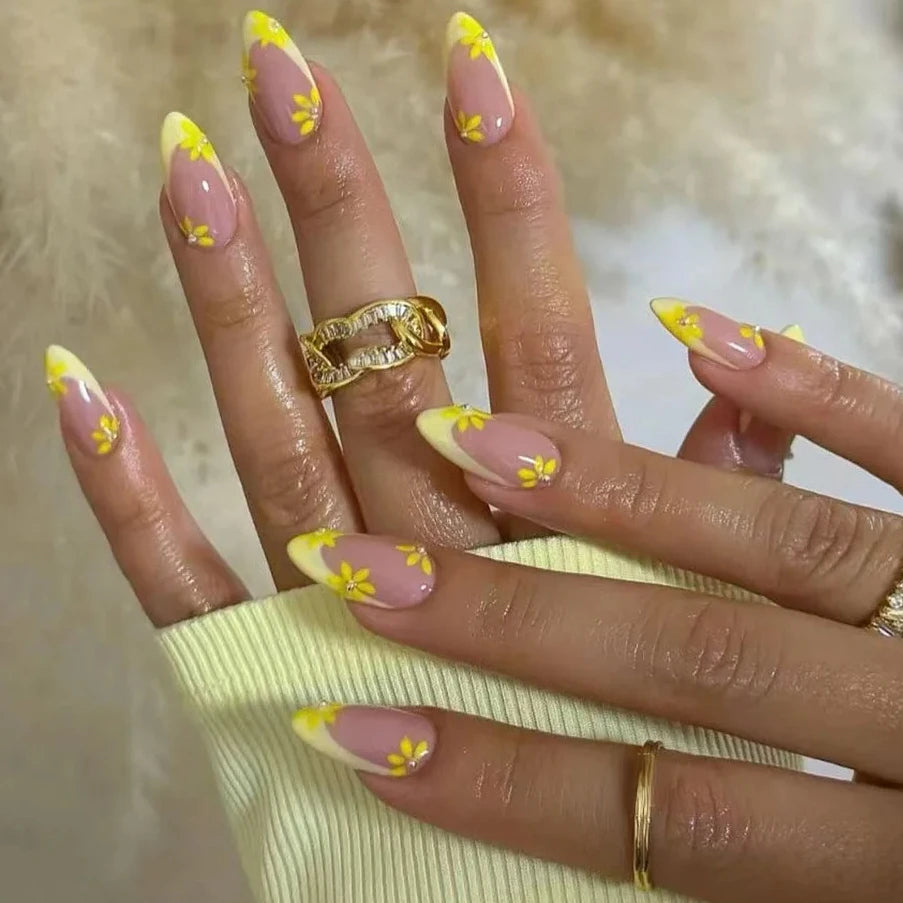 Colorful 3D Flowers Mini Rhinestones Almond False Nails Art Spring Pearl Bowknot Fake Nails Charms Press on Nails Manicure Tools