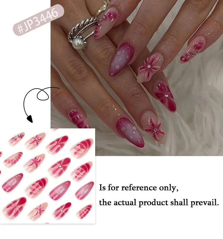 Colorful 3D Flowers Mini Rhinestones Almond False Nails Art Spring Pearl Bowknot Fake Nails Charms Press on Nails Manicure Tools