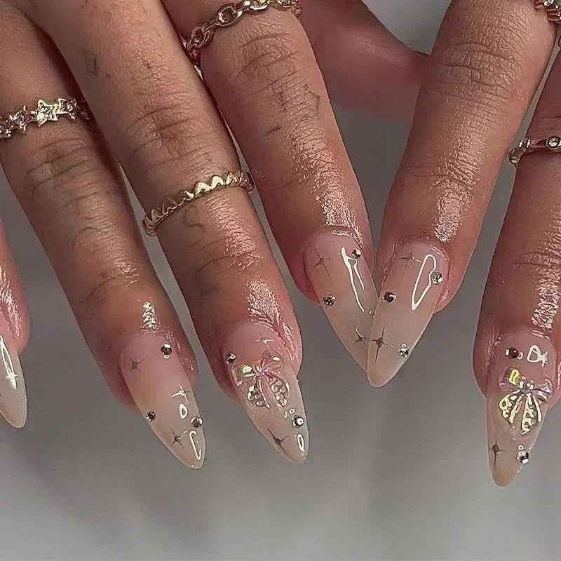 Cat Eye Bowknot Round Fake Nails Art Long Pointed False Nails Rhinestone Pearl Rose Flower Simple Almond Press on Nails Manicure