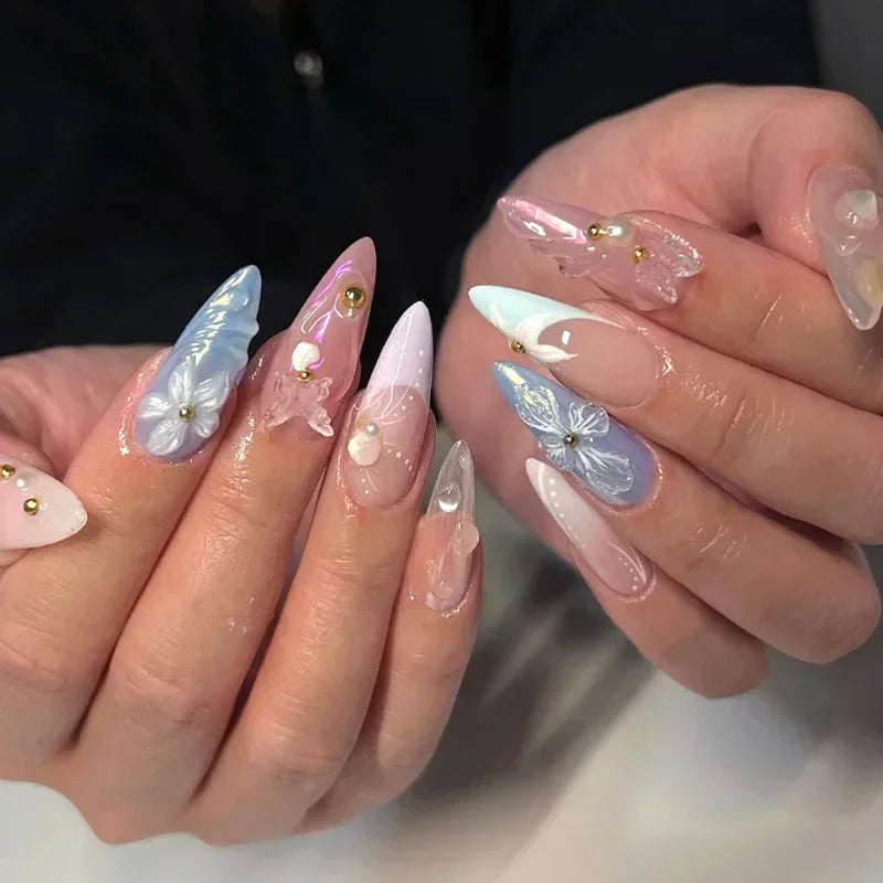 Colorful 3D Flowers Mini Rhinestones Almond False Nails Art Spring Pearl Bowknot Fake Nails Charms Press on Nails Manicure Tools