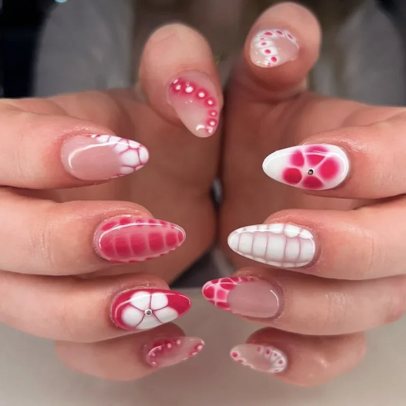 Colorful 3D Flowers Mini Rhinestones Almond False Nails Art Spring Pearl Bowknot Fake Nails Charms Press on Nails Manicure Tools