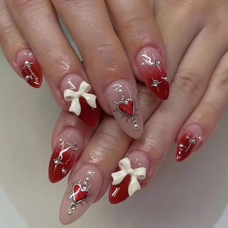 Cat Eye Bowknot Round Fake Nails Art Long Pointed False Nails Rhinestone Pearl Rose Flower Simple Almond Press on Nails Manicure
