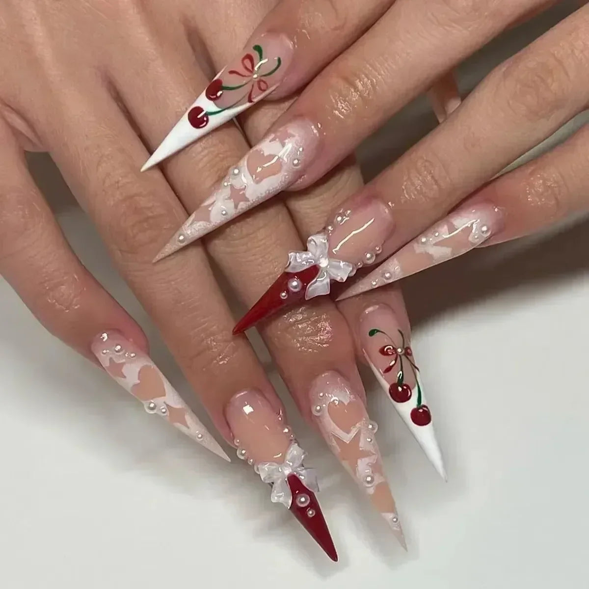 Cat Eye Bowknot Round Fake Nails Art Long Pointed False Nails Rhinestone Pearl Rose Flower Simple Almond Press on Nails Manicure
