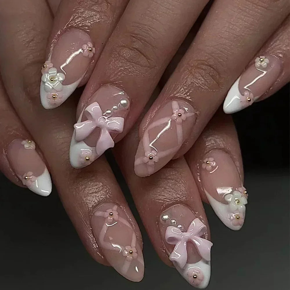 Cat Eye Bowknot Round Fake Nails Art Long Pointed False Nails Rhinestone Pearl Rose Flower Simple Almond Press on Nails Manicure