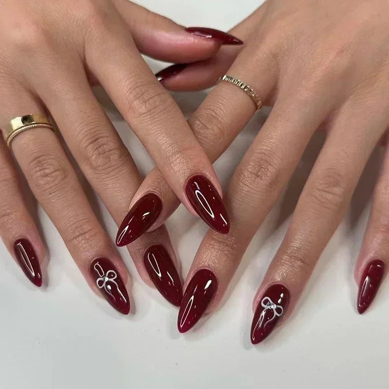 Cat Eye Bowknot Round Fake Nails Art Long Pointed False Nails Rhinestone Pearl Rose Flower Simple Almond Press on Nails Manicure
