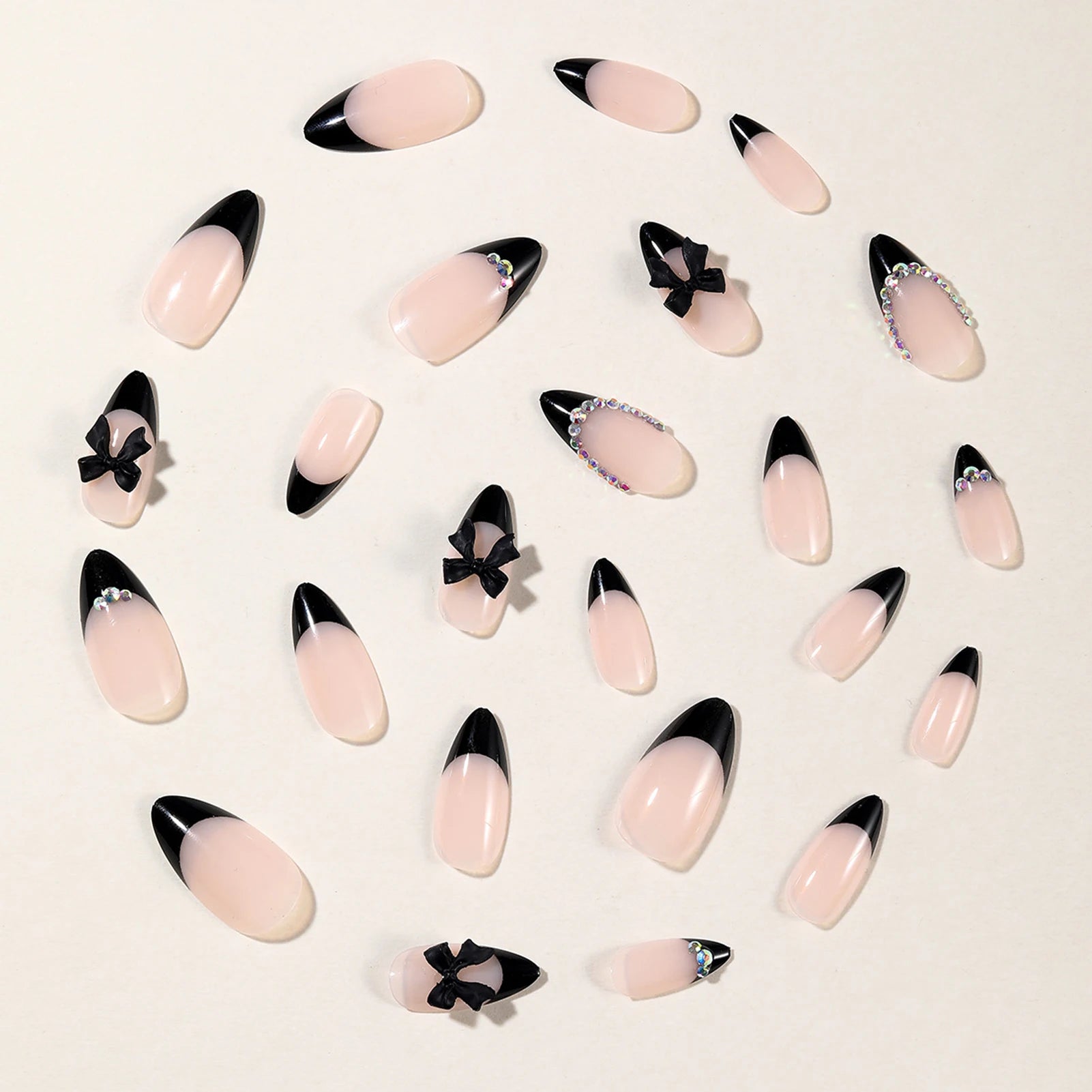 24Pcs Almond False Nails Black French Tip Press on Nails Nude Color Ballerina Fake Nails Shiny Diamond Decor 3D Bowknot Designs