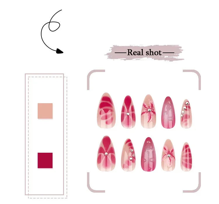 Colorful 3D Flowers Mini Rhinestones Almond False Nails Art Spring Pearl Bowknot Fake Nails Charms Press on Nails Manicure Tools