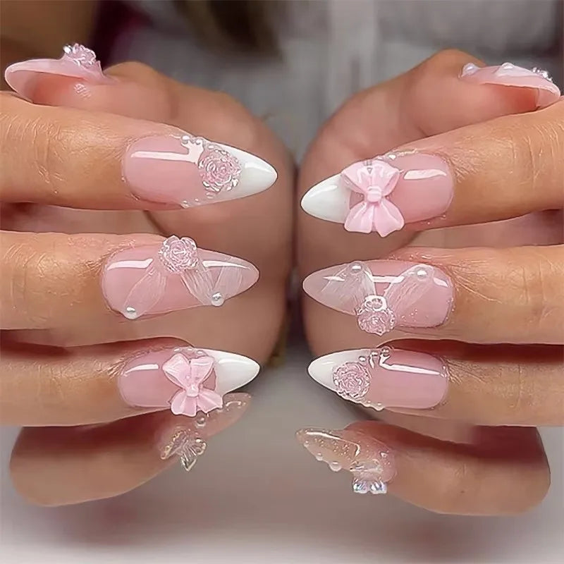 Cat Eye Bowknot Round Fake Nails Art Long Pointed False Nails Rhinestone Pearl Rose Flower Simple Almond Press on Nails Manicure