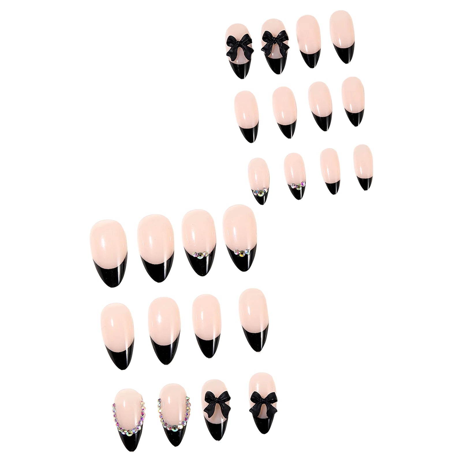 24Pcs Almond False Nails Black French Tip Press on Nails Nude Color Ballerina Fake Nails Shiny Diamond Decor 3D Bowknot Designs