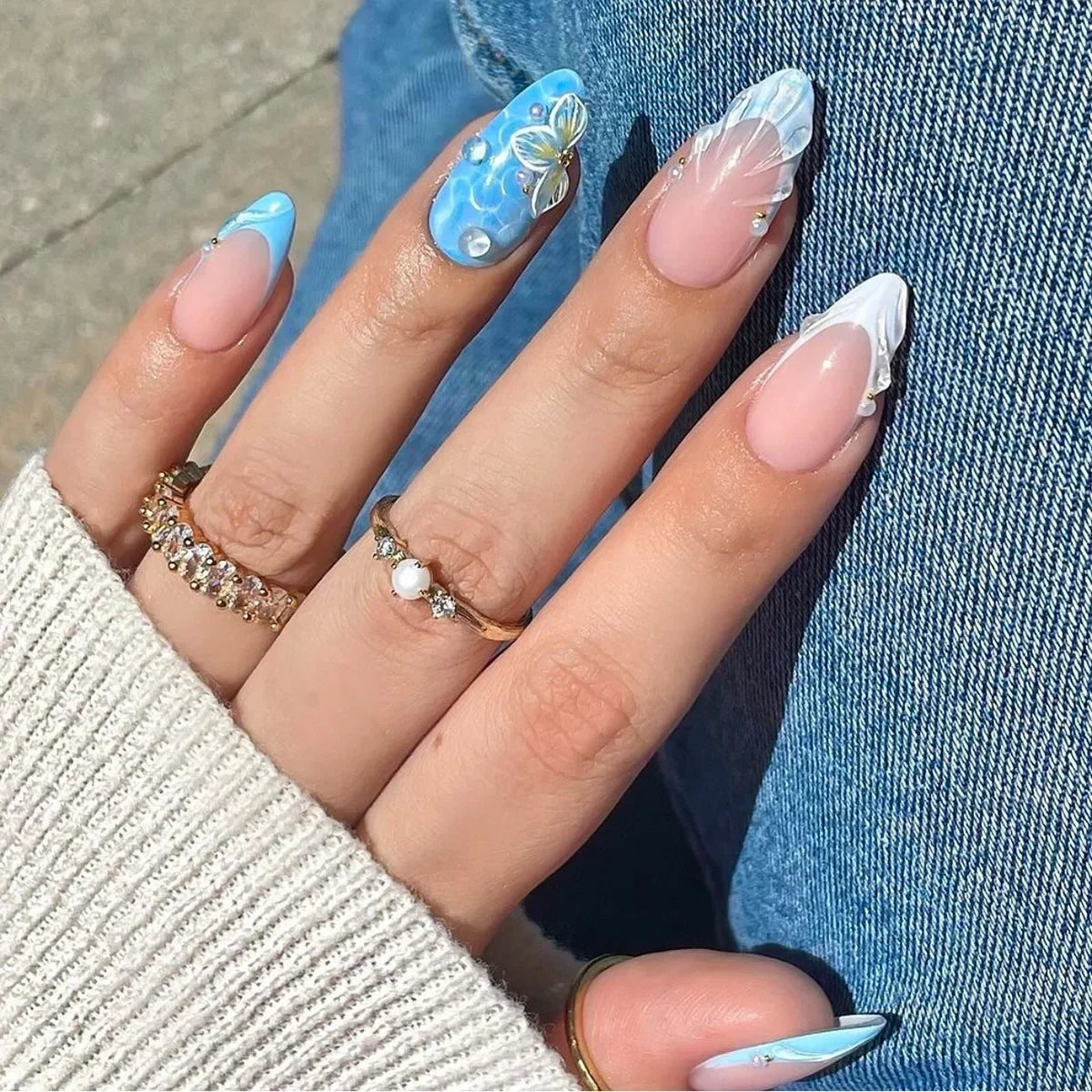 Colorful 3D Flowers Mini Rhinestones Almond False Nails Art Spring Pearl Bowknot Fake Nails Charms Press on Nails Manicure Tools