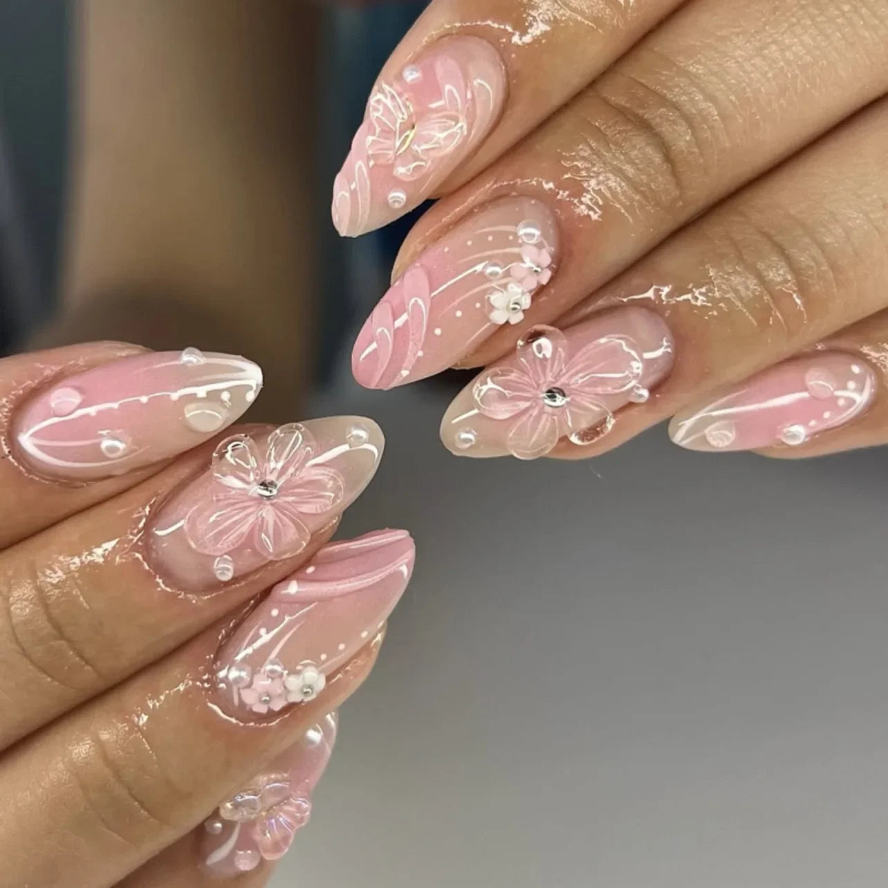 Colorful 3D Flowers Mini Rhinestones Almond False Nails Art Spring Pearl Bowknot Fake Nails Charms Press on Nails Manicure Tools