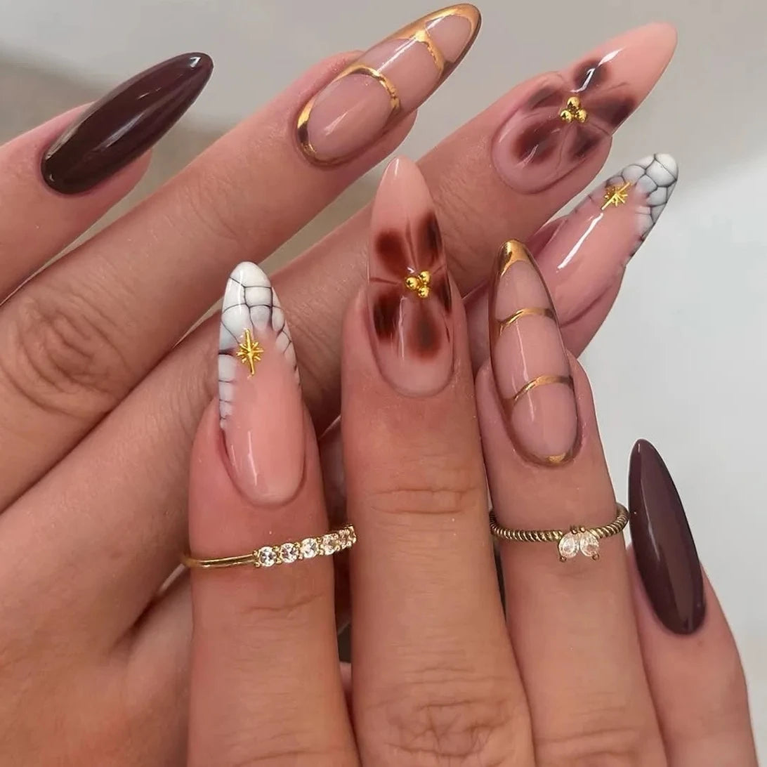 Colorful 3D Flowers Mini Rhinestones Almond False Nails Art Spring Pearl Bowknot Fake Nails Charms Press on Nails Manicure Tools