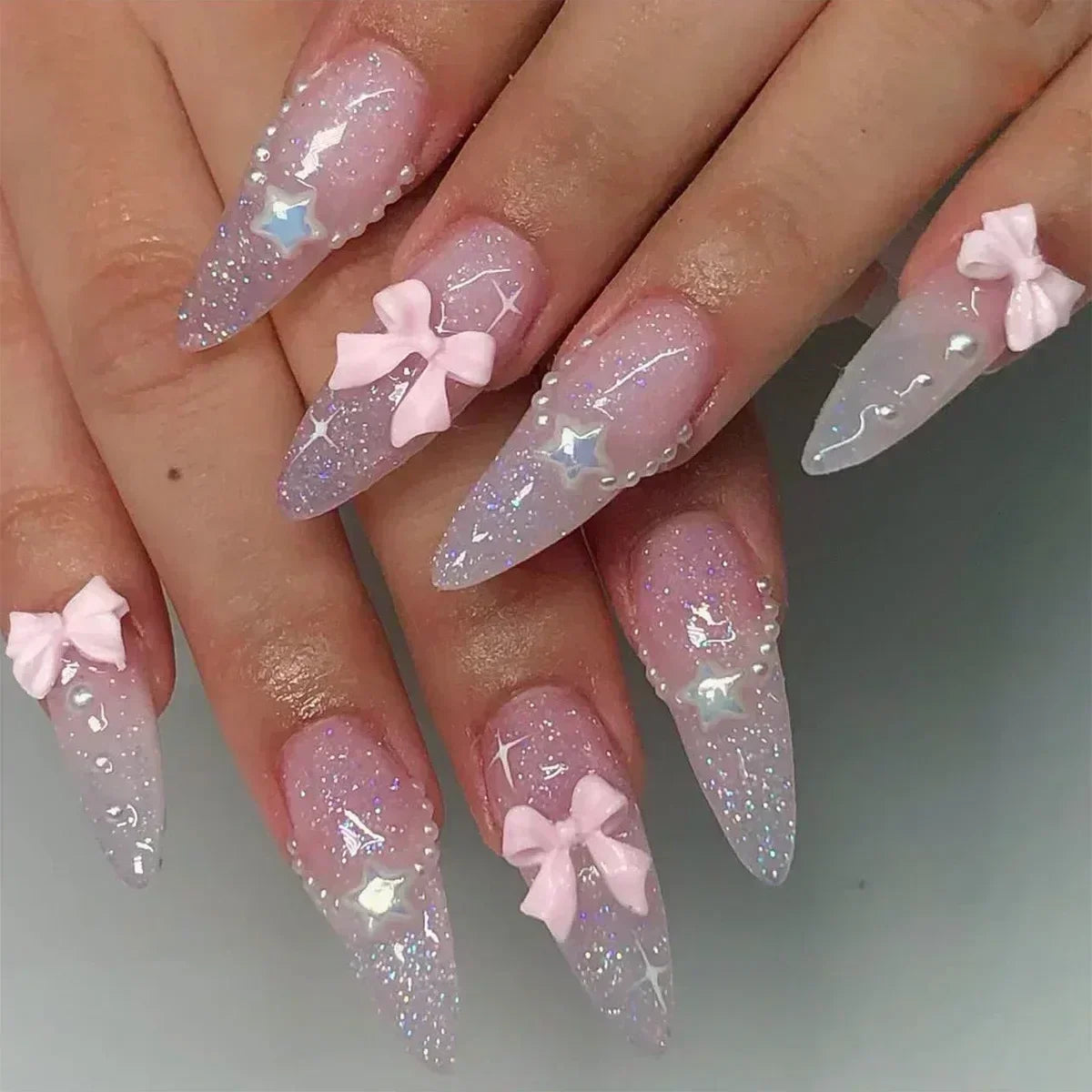 Cat Eye Bowknot Round Fake Nails Art Long Pointed False Nails Rhinestone Pearl Rose Flower Simple Almond Press on Nails Manicure