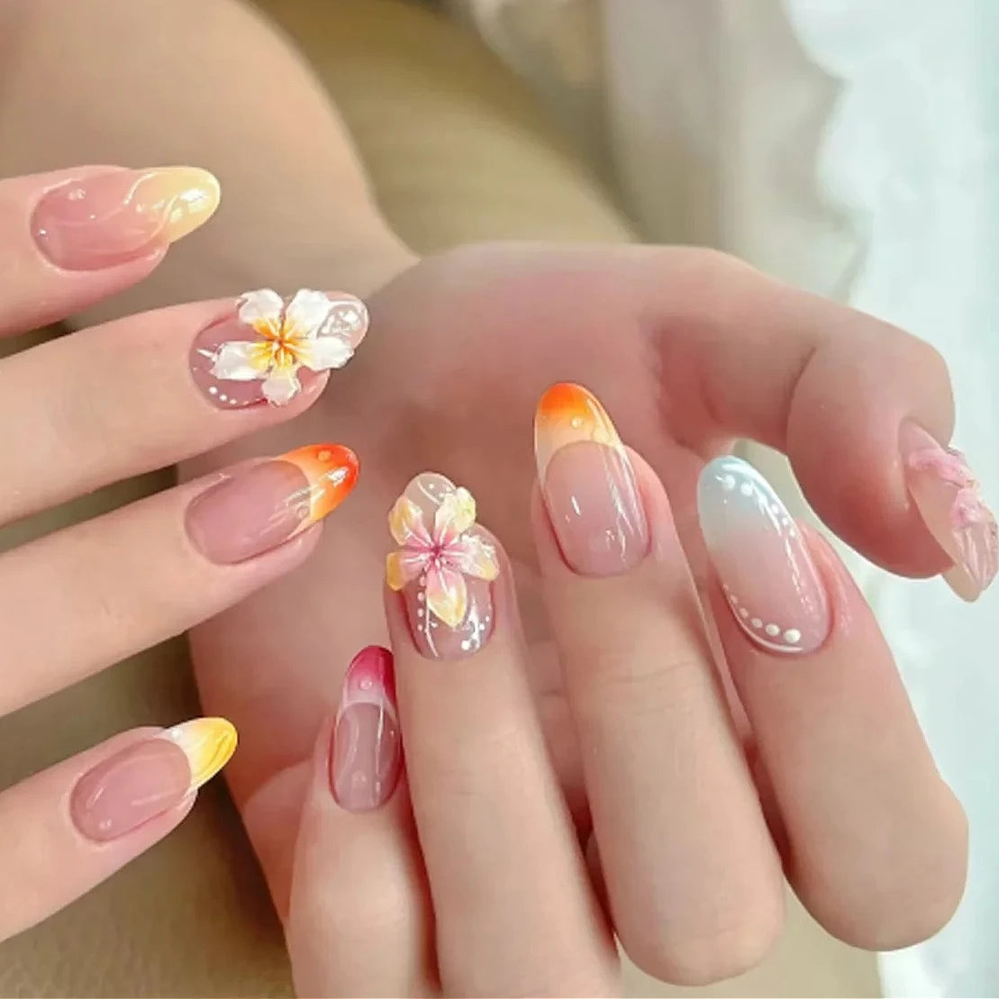 Colorful 3D Flowers Mini Rhinestones Almond False Nails Art Spring Pearl Bowknot Fake Nails Charms Press on Nails Manicure Tools