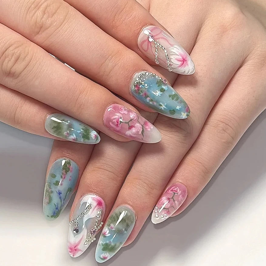 Colorful 3D Flowers Mini Rhinestones Almond False Nails Art Spring Pearl Bowknot Fake Nails Charms Press on Nails Manicure Tools