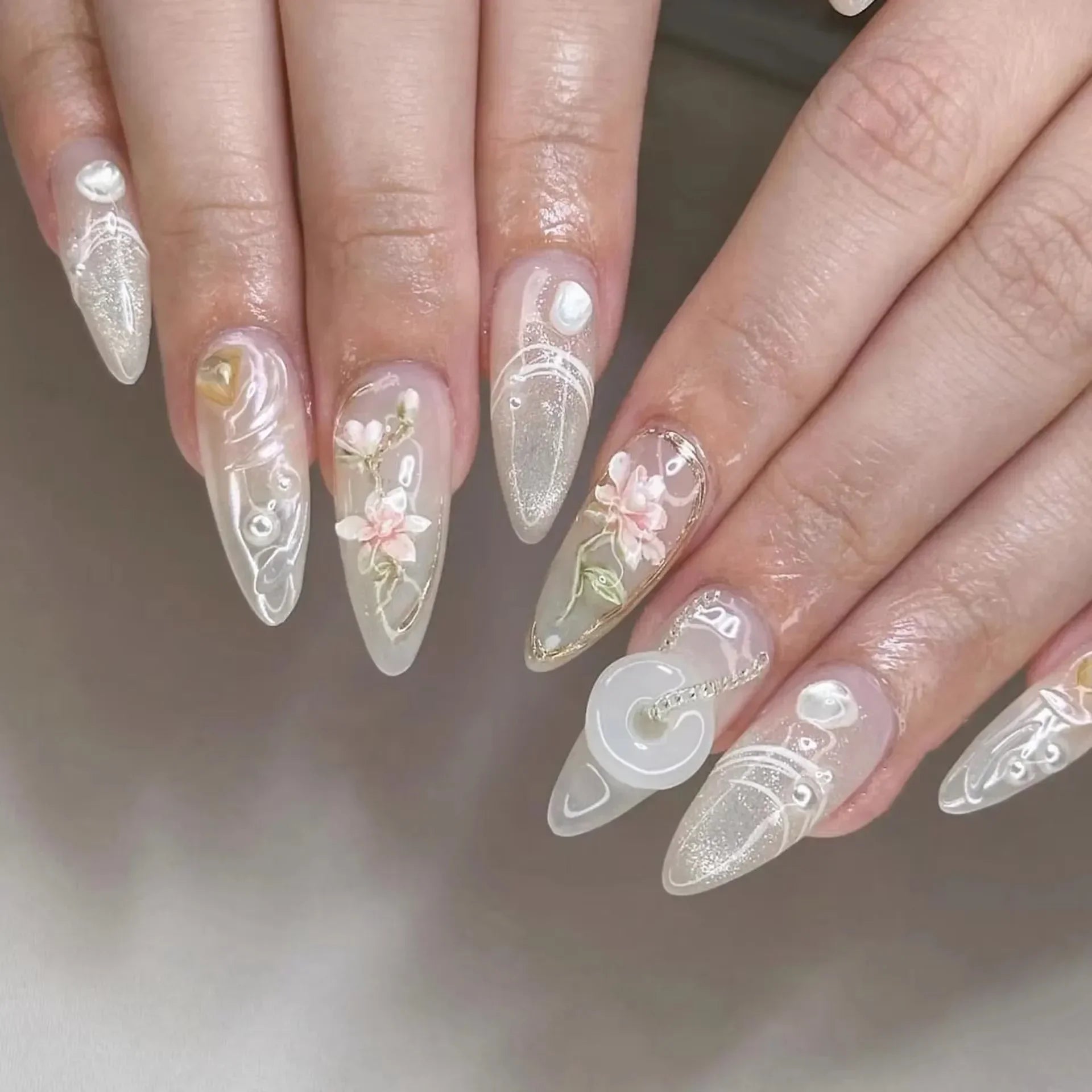 Colorful 3D Flowers Mini Rhinestones Almond False Nails Art Spring Pearl Bowknot Fake Nails Charms Press on Nails Manicure Tools