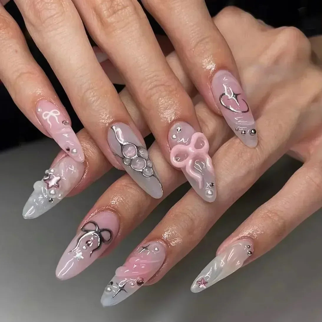 Cat Eye Bowknot Round Fake Nails Art Long Pointed False Nails Rhinestone Pearl Rose Flower Simple Almond Press on Nails Manicure