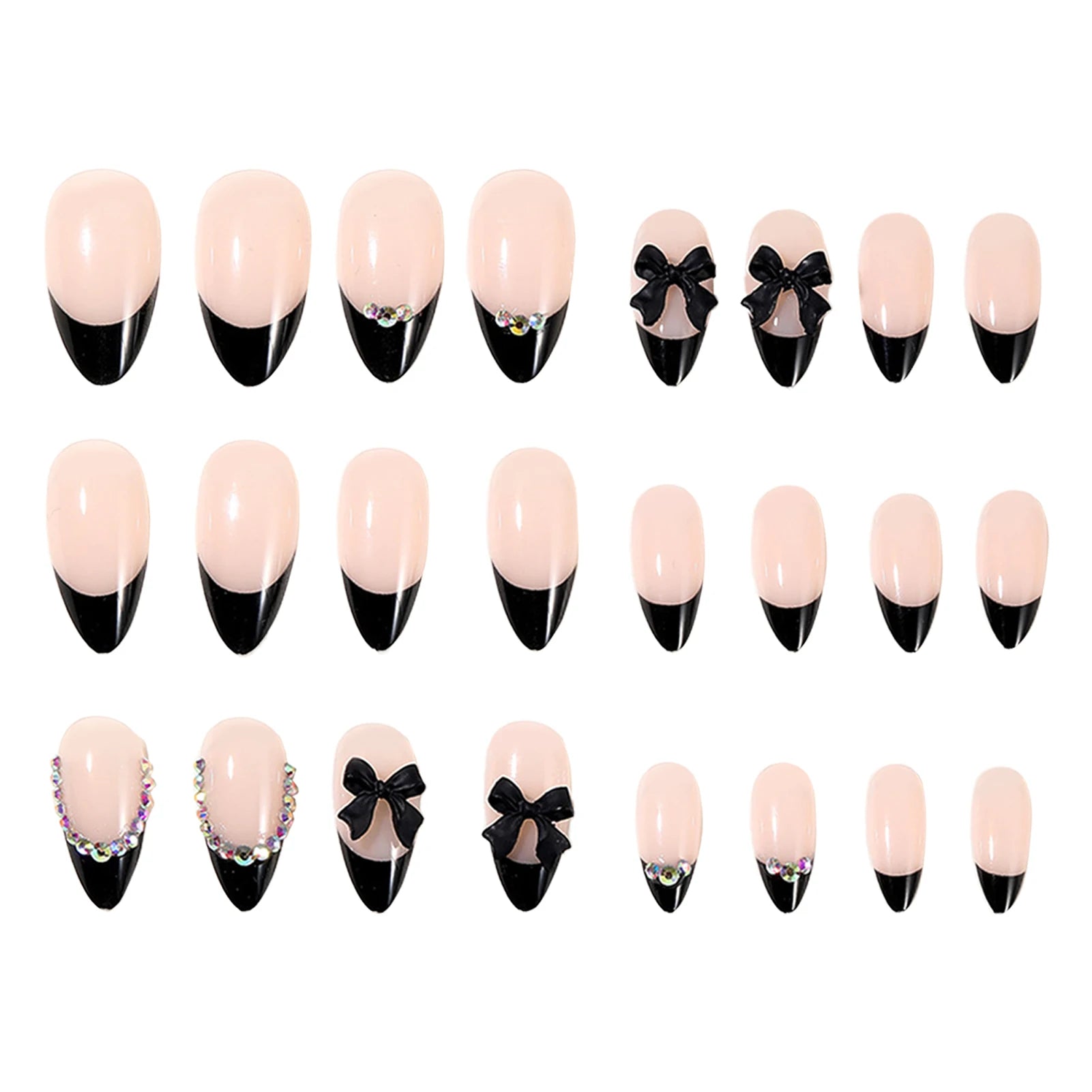 24Pcs Almond False Nails Black French Tip Press on Nails Nude Color Ballerina Fake Nails Shiny Diamond Decor 3D Bowknot Designs