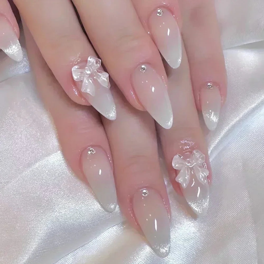 Cat Eye Bowknot Round Fake Nails Art Long Pointed False Nails Rhinestone Pearl Rose Flower Simple Almond Press on Nails Manicure