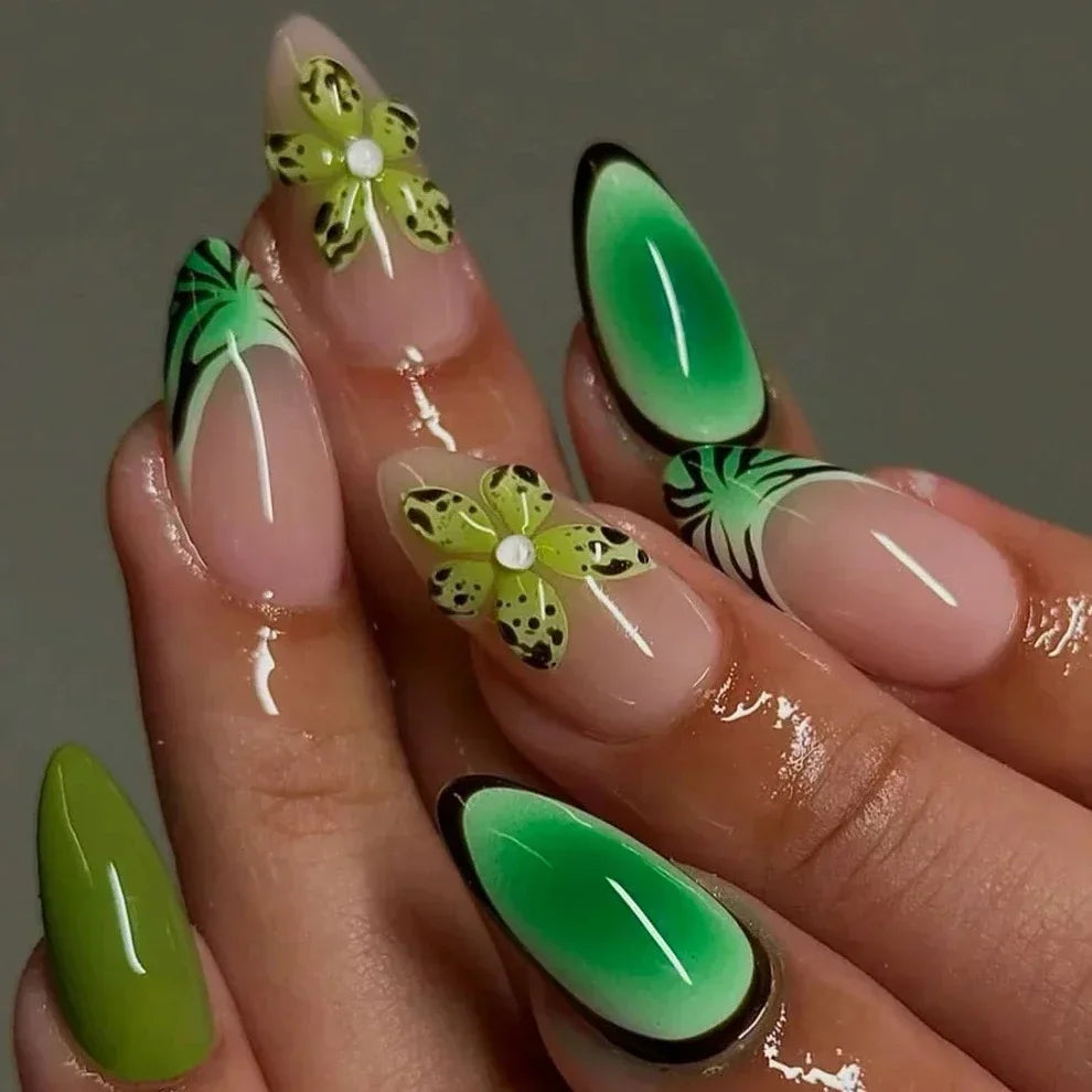 Colorful 3D Flowers Mini Rhinestones Almond False Nails Art Spring Pearl Bowknot Fake Nails Charms Press on Nails Manicure Tools