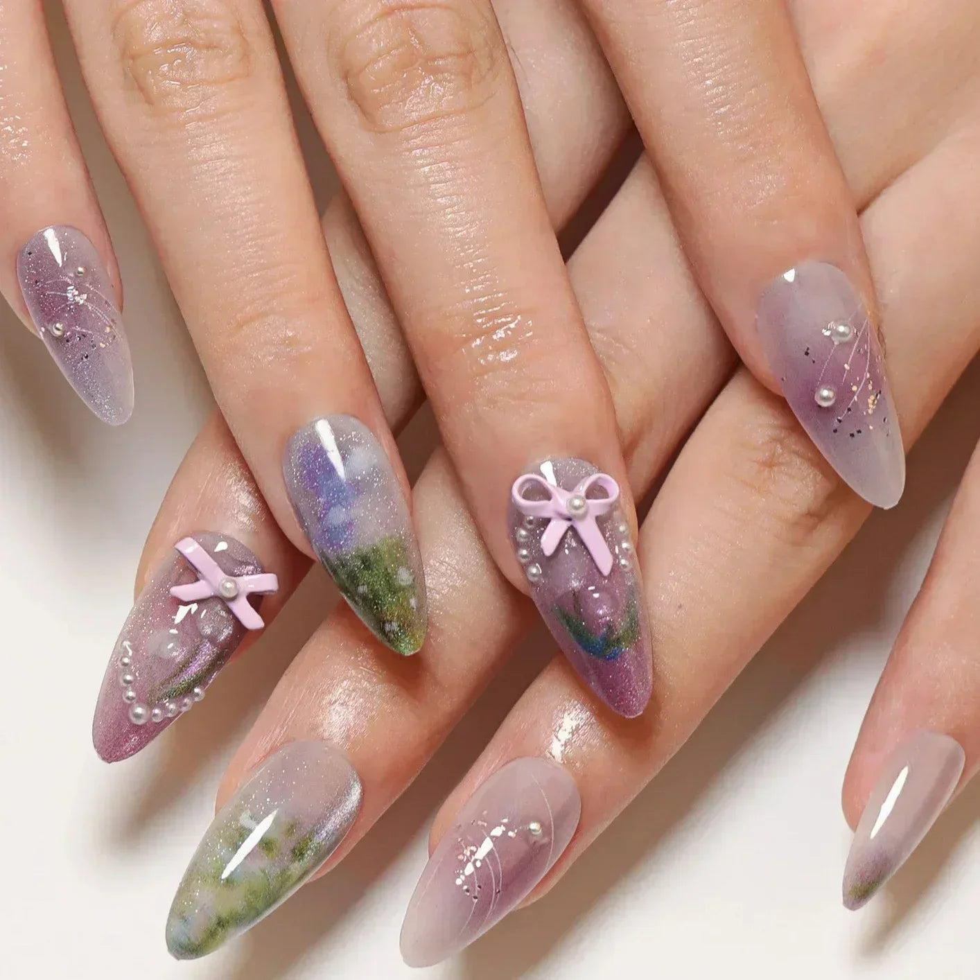 Cat Eye Bowknot Round Fake Nails Art Long Pointed False Nails Rhinestone Pearl Rose Flower Simple Almond Press on Nails Manicure