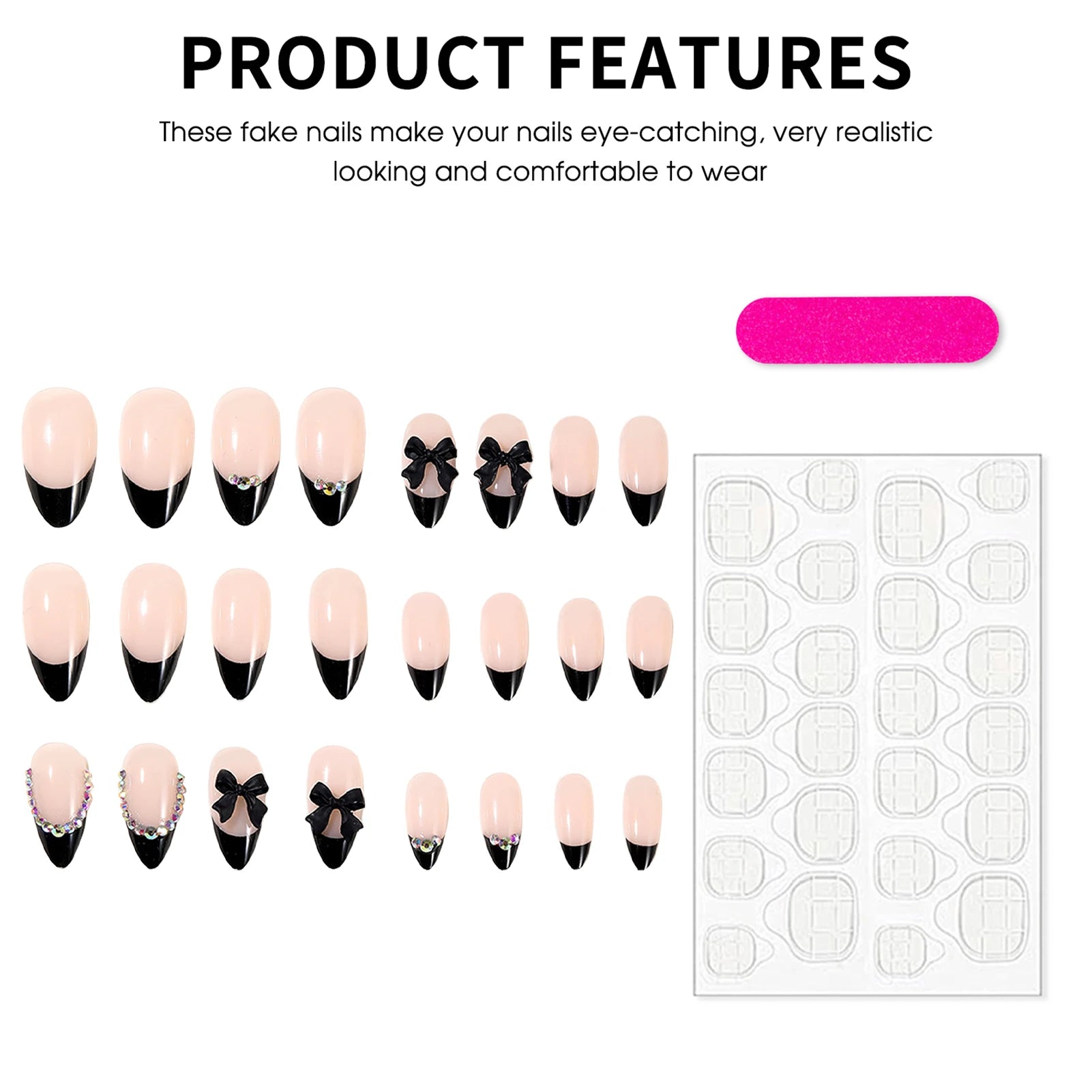 24Pcs Almond False Nails Black French Tip Press on Nails Nude Color Ballerina Fake Nails Shiny Diamond Decor 3D Bowknot Designs